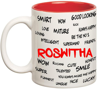 

Chanakya Good Personality Roswitha Inner Red Cofffee Name Ceramic Mug(350 ml), Red;white