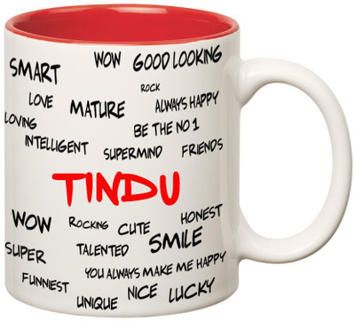 

Huppme Good Personality Tindu Inner Red Ceramic Mug(350 ml), Red;white