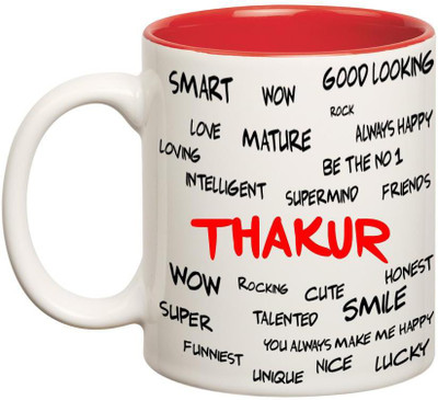 

Huppme Good Personality Thakur Inner Red Ceramic Mug(350 ml), Red;white
