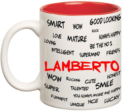 Chanakya Good Personality Lamberto Inner Red Cofffee Name Ceramic Mug(350 ml), Red;white
