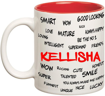 

Chanakya Good Personality Kellisha Inner Red Cofffee Name Ceramic Mug(350 ml), Red;white
