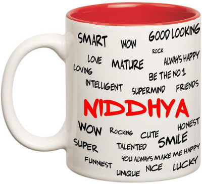 

Chanakya Good Personality Niddhya Inner Red Cofffee Name Ceramic Mug(350 ml), Red;white