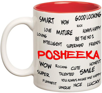 

Huppme Good Personality Posheeka Inner Red Ceramic Mug(350 ml), Red;white