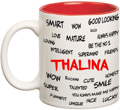 

Chanakya Good Personality Thalina Inner Red Cofffee Name Ceramic Mug(350 ml), Red;white