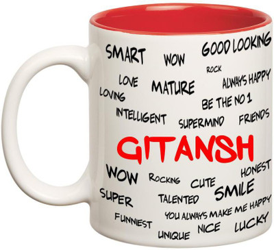 

Huppme Good Personality Gitansh Inner Red Ceramic Mug(350 ml), Red;white