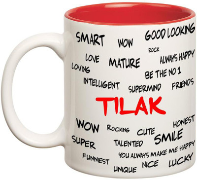 

Huppme Good Personality Tilak Inner Red Ceramic Mug(350 ml), Red;white