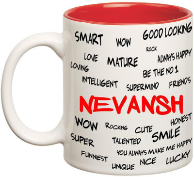 

Huppme Good Personality Nevansh Inner Red Ceramic Mug(350 ml), Red;white