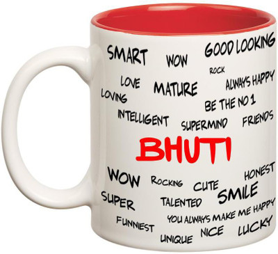 

Huppme Good Personality Bhuti Inner Red Ceramic Mug(350 ml), Red;white