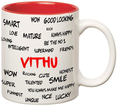 

Huppme Good Personality Vithu Inner Red Ceramic Mug(350 ml), Red;white