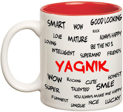 

Huppme Good Personality Yagnik Inner Red Ceramic Mug(350 ml), Red;white