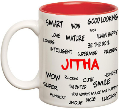 

Huppme Good Personality Jitha Inner Red Ceramic Mug(350 ml), Red;white
