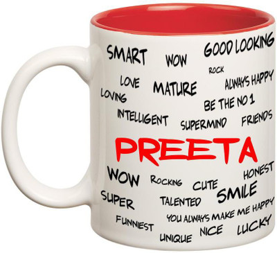 Huppme Good Personality Preeta Inner Red Ceramic Mug(350 ml), Red;white