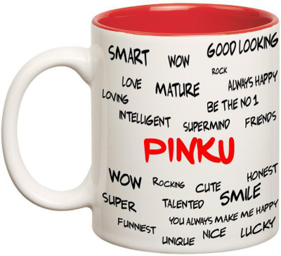 

Huppme Good Personality Pinku Inner Red Ceramic Mug(350 ml), Red;white