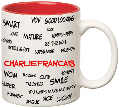 

Huppme Good Personality Charliefrancais Inner Red Ceramic Mug(350 ml), Red;white
