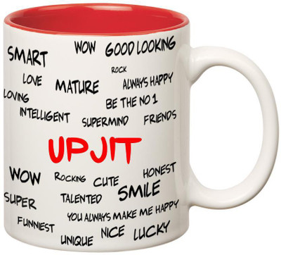 Huppme Good Personality Upjit Inner Red Ceramic Mug(350 ml), Red;white