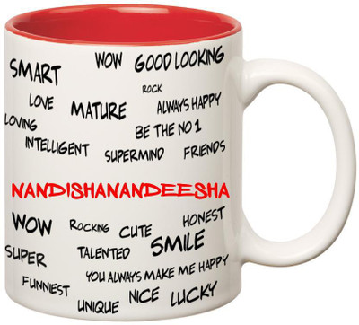 

Huppme Good Personality Nandishanandeesha Inner Red Ceramic Mug(350 ml), Red;white