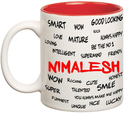 Huppme Good Personality Nimalesh Inner Red Ceramic Mug(350 ml), Red;white