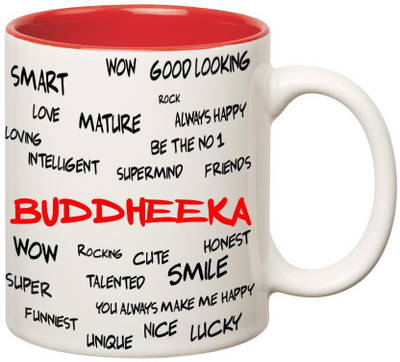 Huppme Good Personality Buddheeka Inner Red Ceramic Mug(350 ml), Red;white