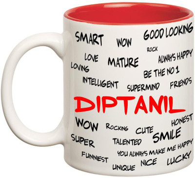 

Huppme Good Personality Diptanil Inner Red Ceramic Mug(350 ml), Red;white