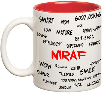 

Chanakya Good Personality Niraf Inner Red Cofffee Name Ceramic Mug(350 ml), Red;white