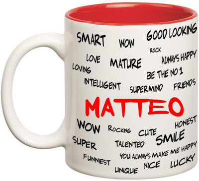 Huppme Good Personality Matteo Inner Red Ceramic Mug(350 ml), Red;white