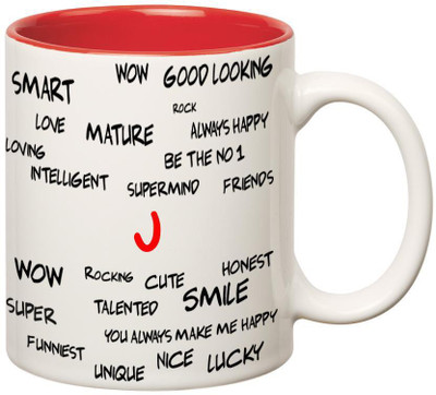 

Huppme Good Personality J Inner Red Ceramic Mug(350 ml), Red;white