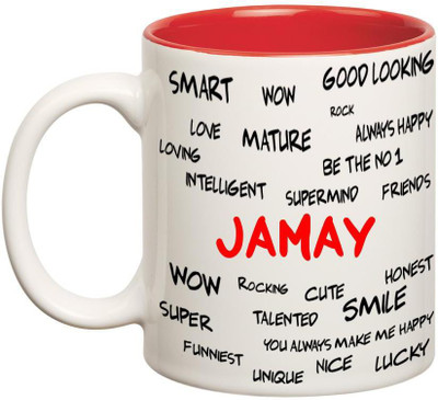 Huppme Good Personality Jamay Inner Red Ceramic Mug(350 ml), Red;white