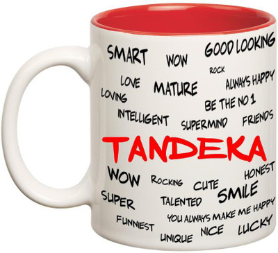 

Huppme Good Personality Tandeka Inner Red Ceramic Mug(350 ml), Red;white
