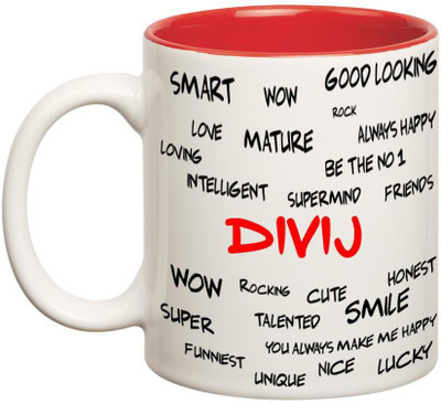 Chanakya Good Personality Divij Inner Red Cofffee Name Ceramic Mug(350 ml), Red;white