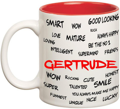 

Chanakya Good Personality Gertrude Inner Red Cofffee Name Ceramic Mug(350 ml), Red;white