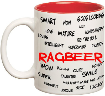 

Huppme Good Personality Ragbeer Inner Red Ceramic Mug(350 ml), Red;white
