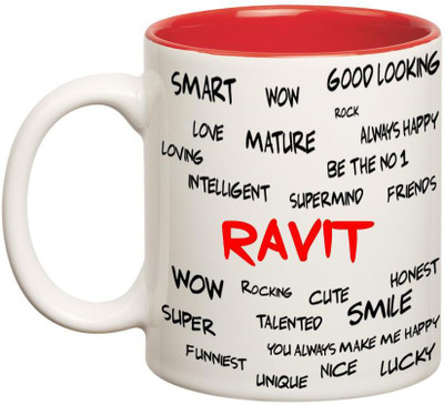 

Huppme Good Personality Ravit Inner Red Ceramic Mug(350 ml), Red;white