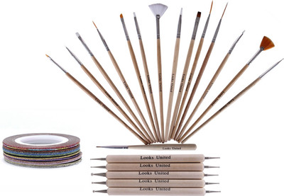 

Looks United Wooden 15 Nail Brushes 5 Dotting Tools And 5 Striping Tape Rolls(Pack of 25)