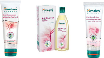 

Himalaya Clear Complexion Whitening Face Scrub, Anti Hair Fall Hair Oil, Clear Complexion Whitening Face Wash(Set of)