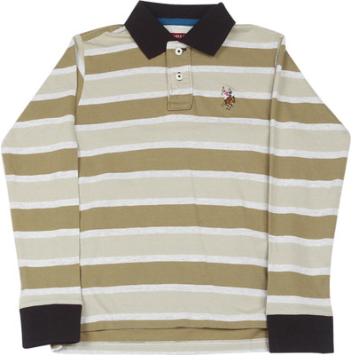

US Polo Kids Boys Striped Cotton T Shirt(Brown, Pack of 1, Beige