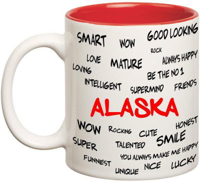 

Chanakya Good Personality Alaska Inner Red Cofffee Name Ceramic Mug(350 ml), Red;white