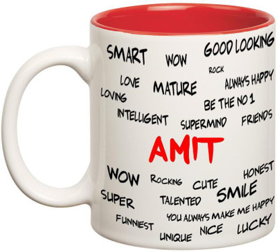 

Huppme Good Personality Amit Inner Red Ceramic Mug(350 ml), Red;white