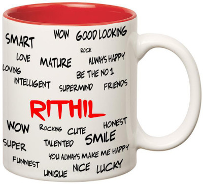 

Huppme Good Personality Rithil Inner Red Ceramic Mug(350 ml), Red;white