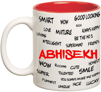 Huppme Good Personality Abhisekh Inner Red Ceramic Mug(350 ml), Red;white