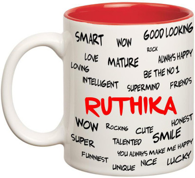 

Chanakya Good Personality Ruthika Inner Red Cofffee Name Ceramic Mug(350 ml), Red;white
