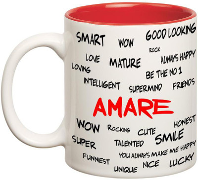

Huppme Good Personality Amare Inner Red Ceramic Mug(350 ml), Red;white