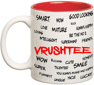 

Chanakya Good Personality Vrushtee Inner Red Cofffee Name Ceramic Mug(350 ml), Red;white