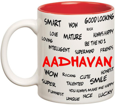 

Chanakya Good Personality Aadhavan Inner Red Cofffee Name Ceramic Mug(350 ml), Red;white
