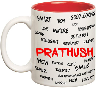 

Chanakya Good Personality Prathush Inner Red Cofffee Name Ceramic Mug(350 ml), Red;white