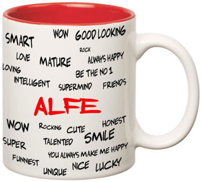 Huppme Good Personality Alfe Inner Red Ceramic Mug(350 ml), Red;white