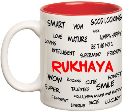 

Chanakya Good Personality Rukhaya Inner Red Cofffee Name Ceramic Mug(350 ml), Red;white
