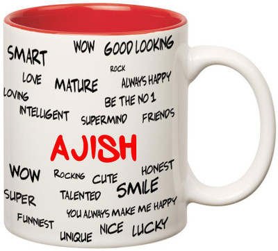 

Huppme Good Personality Ajish Inner Red Ceramic Mug(350 ml), Red;white
