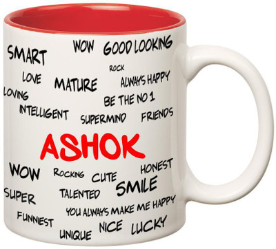 

Huppme Good Personality Ashok Inner Red Ceramic Mug(350 ml), Red;white
