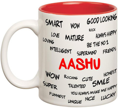 

Chanakya Good Personality Aashu Inner Red Cofffee Name Ceramic Mug(350 ml), Red;white