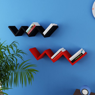 

Decorasia W Shape Mount Book Wooden Wall Shelf(Number of Shelves - 6, Black, Red)